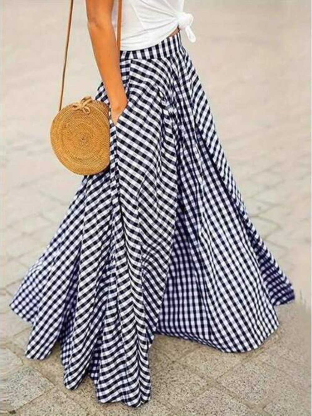 Women's Elegant Plaid Skirt, High Waist Wide Hem Flowy A-Line Skirt, Spring/Summ